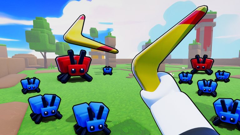 First-person Survive the Swarm screenshot: boomerangs flying at red and blue cube insects on a grassy map