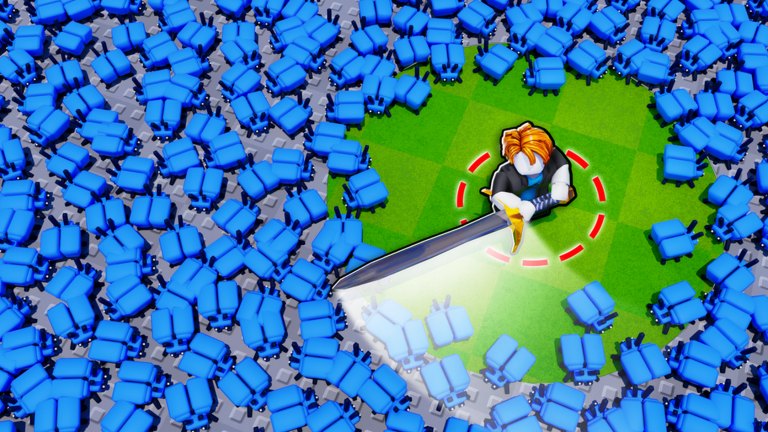 Top-down Survive the Swarm screenshot: a sword fighter circled by a dense blue insect swarm